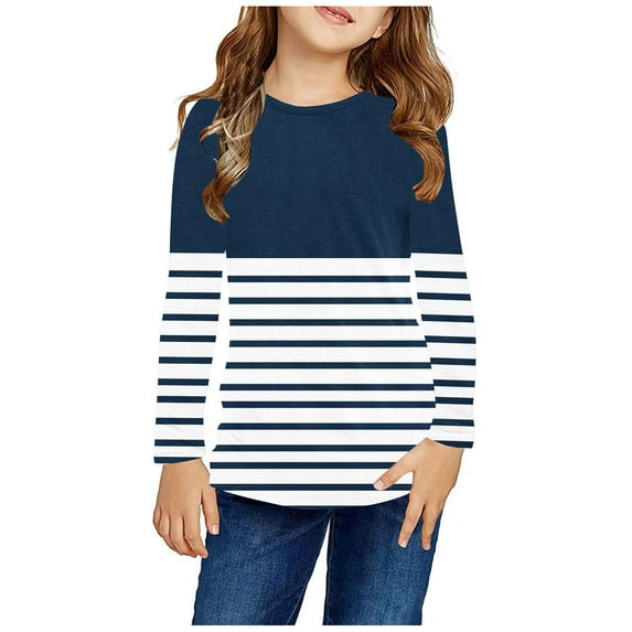 Nskgu Girls Casual Long Sleeve T Shirts Crewneck Tunic Tops Kids Striped Tee Blouses Color Block Patchwork Cute Long Sleeve Shirts for Girls