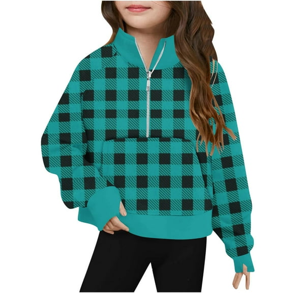 Nskgu Girls Half Zipper Sweatshirts Cute Trendy Fall Pullover Crop Tops for Teen Girls Plaid Long Sleeve Sweater Clothes Thumb Hole Preppy Clothes