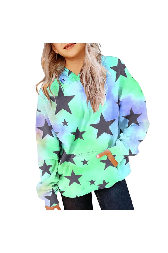 Girls' Hoodies Sweatshirts Long Sleeve Casual Lightweight Pullover Tops with Pockets Tie Dye Printed Star Preppy Clothes