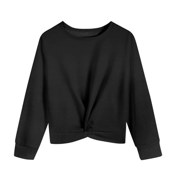 Nskgu Girls Sweatshirts Women's Summer Causal Long Sleeve Blouse Round Neck Crop Tops Twist Front Tee T-Shirt Pullover