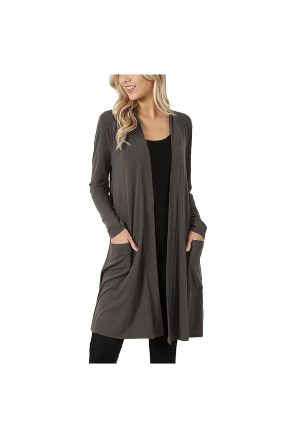 2021 Women Long Loose Cardigan With Pockets Fashion Open Front Long Sleeve Solid Cardigan Autumn Casual Coat Blouse Top Gray M
