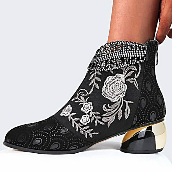 Winter Savings Clearance! SuoKom Boots for Women, Retro Embroidered Rhinestone Thick Heel Boots Plus Size Boots Shoes Cowboy Boots for Women
