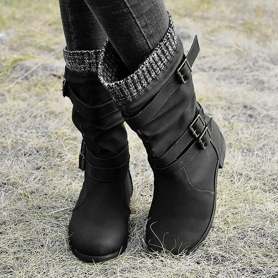 Winter Savings Clearance! Suokom Black Boots for Women, Plus Size Winter New Woolen Yarn Snow Boots Back Strap Boots, Shoes Boots for Women Girls Gifts on Clearance