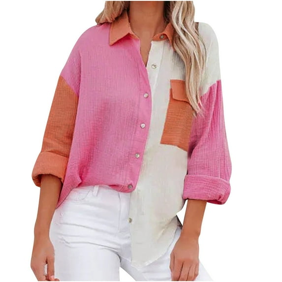 Winter Savings Clearance! Suokom Blouses for Women Casual Button-Down Shirts Long Sleeve Roll Up Collar Color Block Long Shirts with Pocket Summer Fall Womens Basic Tunic Tops Blouses Tees