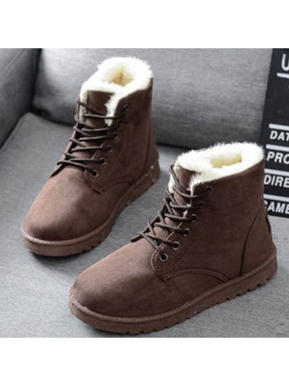 Boots for Women, Women's Fashion Casual Flat Comfort Sneakers Female Lace-up Solid Color Cotton Shoes Winter Warm Snow Boots Winter Snow Boots for Women Coffee