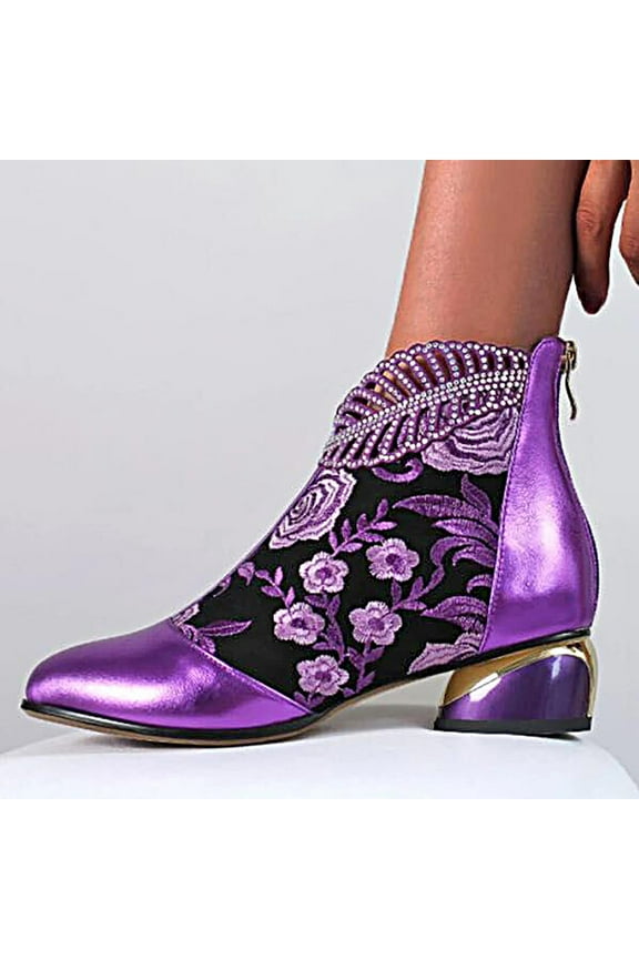 Boots for Women, Retro Embroidered Rhinestone Thick Heel Boots Plus Size Boots Shoes Cowboy Boots for Women