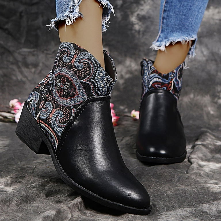 Winter Savings Clearance Suokom Boots for Women Retro Flat Bottom Casual Boots Plus Size Slip On Zipper Shoes Cowboy Boots for Women