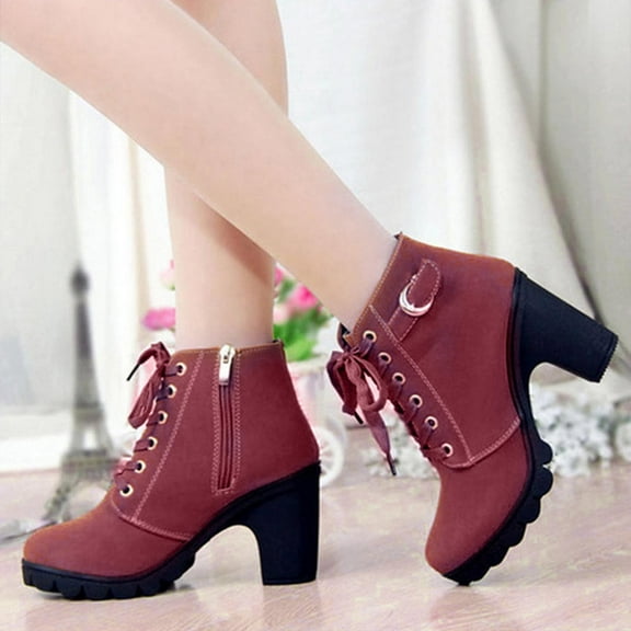 Suokom Boots for Women, Retro Thick Heel High Heel Boots Plus Size Lace Up Boots Shoes Cowboy Boots for Women