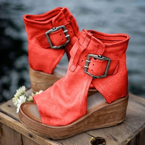 Suokom Summer Plus Size Retro Round Toe Color Matching Women's Casual Wedge Sandals A-Red 8.5