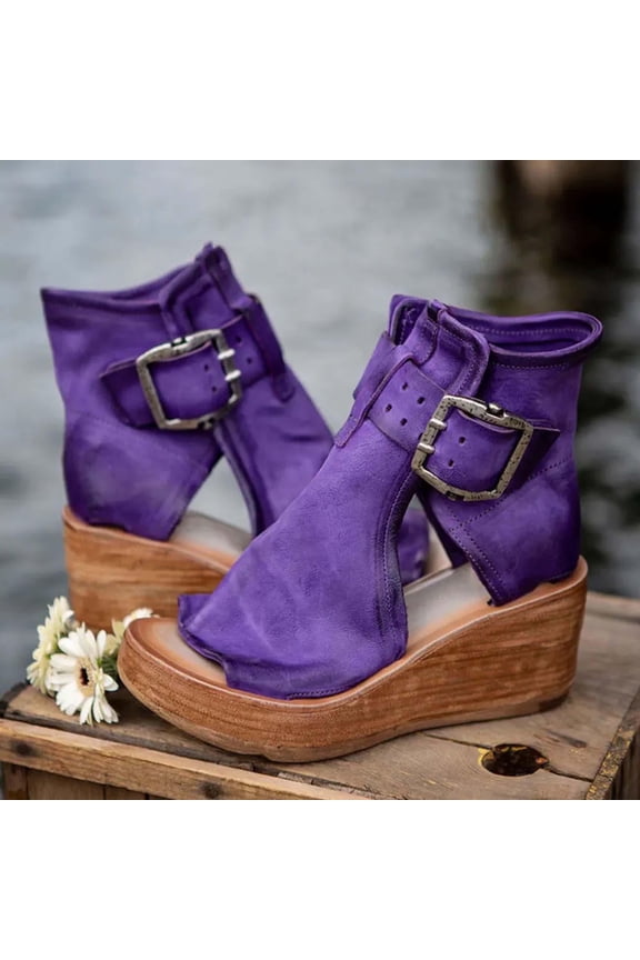Summer Plus Size Retro Round Toe Color Matching Women's Casual Wedge Sandals A-Purple 8.5