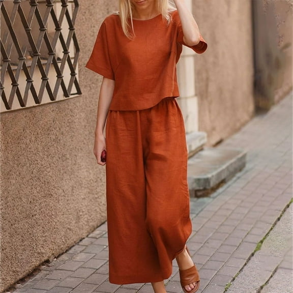 Bxsruta Two Piece Outfits for Women Ladies Summer Fall Casual Loose Round Neck Short Sleeve Solid Wide Leg Linen Suit Lounge Workout Sets for Women