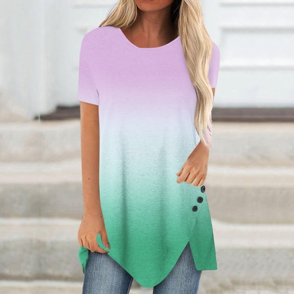 Suokom Womens Tops Women Plus Size Button Printed Round Neck Short Sleeve Irregular T-shirt Blouse Tops Summer Fall Womens Basic Tunic Tops Blouses Tees