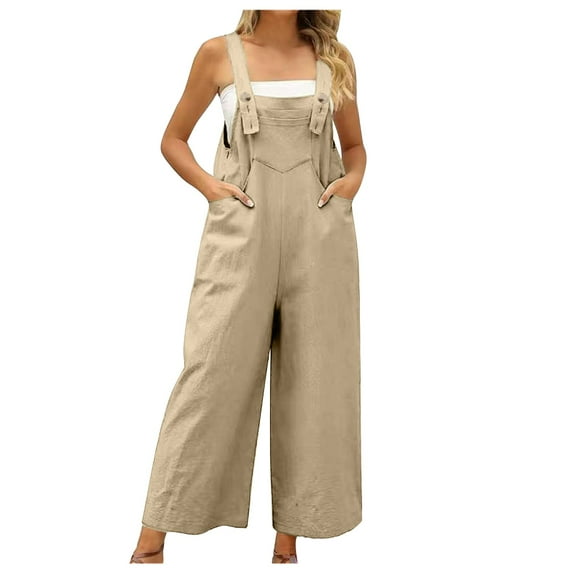 Winter Savings Clearance!YANHAIGONG Clearance One Piece Jumpsuits for Women Women's Cotton Linen Bib Overalls Loose Fit Wide Leg Jumpsuits Straps Baggy Rompers Fashion Deals