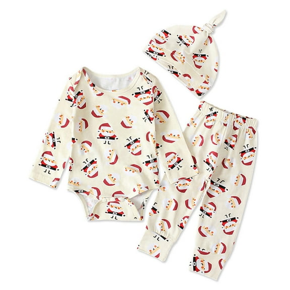 Edvintorg 3Pcs Baby Christmas Outfit Infant Baby Boys Girls Christmas Santa Cartoon Romper+Pants+Hat Home Outfits 0-2T Baby Clothes New Born Fall Clothes