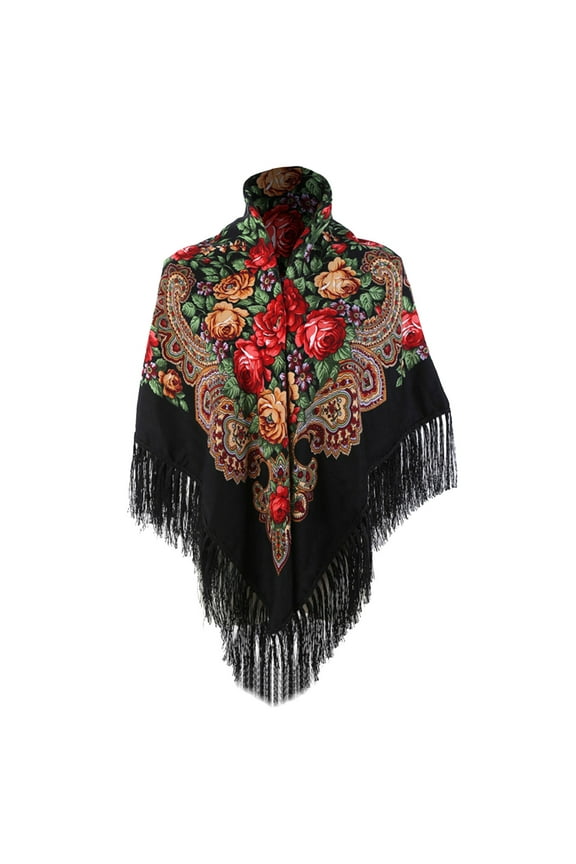 Russian Babushka Women's Scarf Shawl Wrap Oversized Traditional Retro Ukraine Style Printed Tassels Scarfs Black