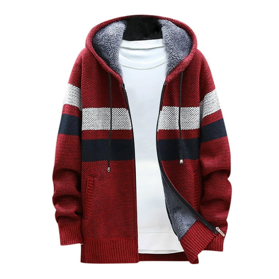 Winter Savings ! Edvintorg Winter Sale Men's Thick Cardigan Knitting Sweater Warm Hooded Jacket Coat Fashion Patchwork Long Sleeve Coats Outwear with Zipper