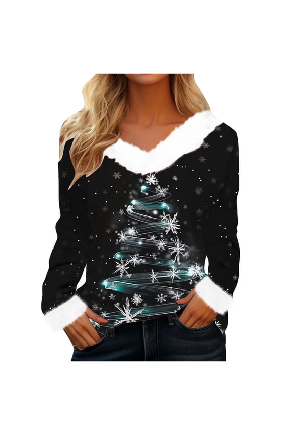 Fall Winter Long Sleeve Tops for Women Christmas Printed Pullover V-Neck Blouse Casual Oversized Blouses Loose Fit Winter 2025 Trendy Tops