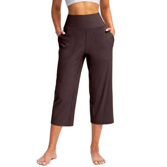 Winter Savings! Enjoytime Plus Size Wide Leg Capri Pants for Women Elastic High Waisted Womens Yoga Pants with Pockets Sport Exercise Workout Summer Casual Cropped Pants