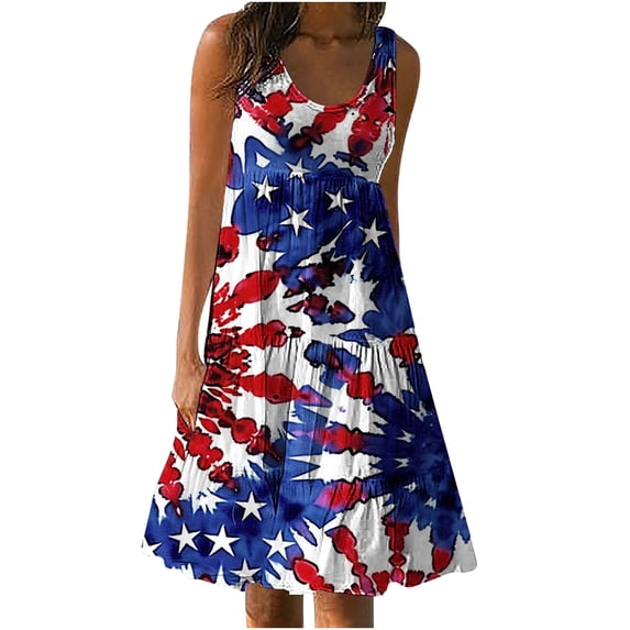 Winter Savings! Enjoytime Summer Dresses for Women Women's Flag Print Summer Casual Loose Crew Neck Dress Sleeveless Dress for Women