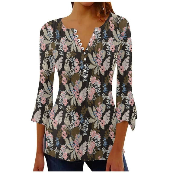 Enjoytime Womens Casual Blouses Flared 3/4 Sleeve Button Basic Tunic Tops Pleated Fashion Printed Women Clothing Plus Size