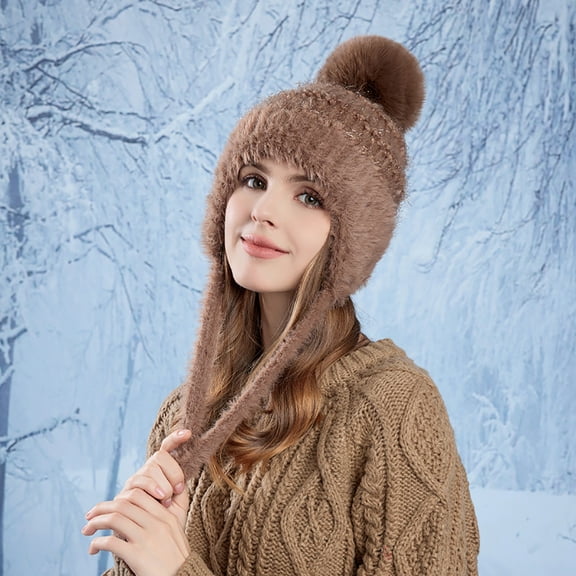 purcolt Women's Winter Hats Soft Warm Thick Fleece Lined Knitted Earflap Trapper Hat Cover Ears Outdoor Ski Snow Cap with Pompoms
