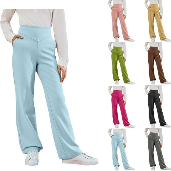 Loopsun Kids Fall Winter Long Pants, Toddler Uniform Suit Pants, Kids Casual Solid Elastic Waist Flare Leg School Uniform Outside Long Pants with Pockets Light Blue, 11-12Years