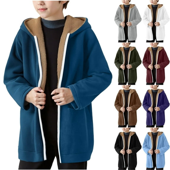 Loopsun Kids Winter Outwear Coats, Toddler Fleece Jackets, Toddler Boys Solid Long Sleeve Zipper Front Fleece Warm Outerwear Hooded Jacket Blue, 7-8 Years