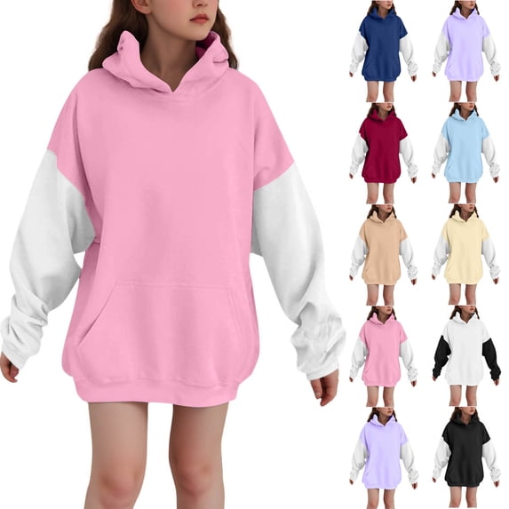 Loopsun Kids Winter Tops, Toddler Hooded Sweatshirts, Toddler Girl Color Block Casual Hooded Long Sleeve Sweatshirt with Pockets Red, 7-8Years