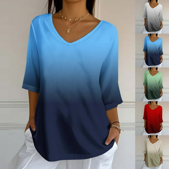 Loopsun Womens Fall Tops, 3/4 Sleeve T Shirts for Women, Women's Fashion Casual Loose Print 3/4 Sleeve V-Neck Blouses Shirts Top Green, L