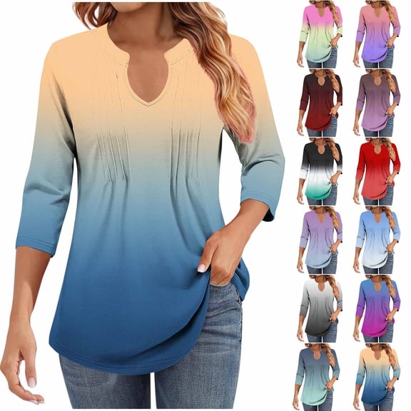 Loopsun Womens Fall Tops, 3/4 Sleeve T Shirts for Women, Women's Fashion Casual Printed V-Neck 3/4 Sleeve T-shirt Pleated Tops Pink, XXL