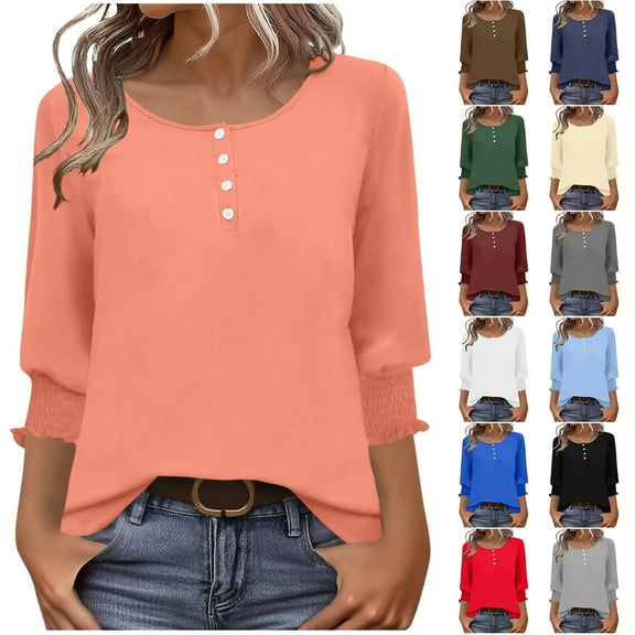 Loopsun Womens Fall Tops, 3/4 Sleeve T Shirts for Women, Ladies Fashion Solid Button 3/4 Sleeve Round Neck T-shirt Top Beige, M