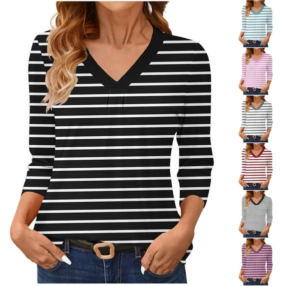 Loopsun Womens Fall Tops, 3/4 Sleeve T Shirts for Women, Ladies' Fashion Striped Printing 3/4 Sleeve V-neck T-shirt Top White, L