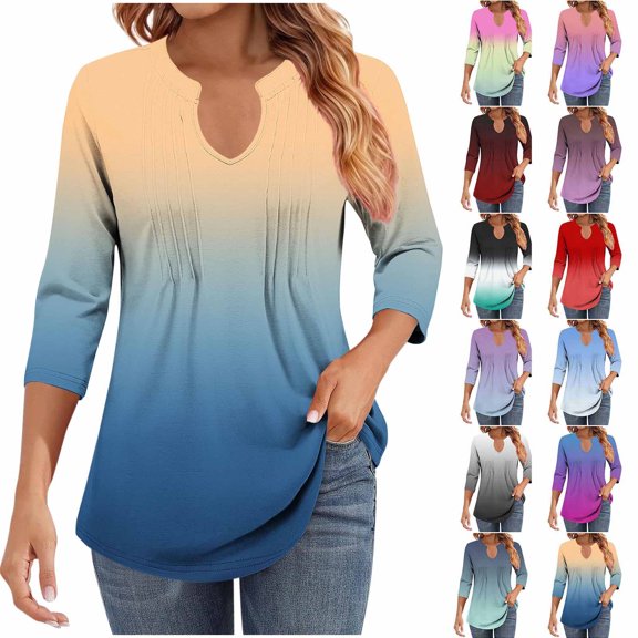 Loopsun Womens Fall Tops, 3/4 Sleeve T Shirts for Women, Women's Fashion Casual Printed V-Neck 3/4 Sleeve T-shirt Pleated Tops Red, L