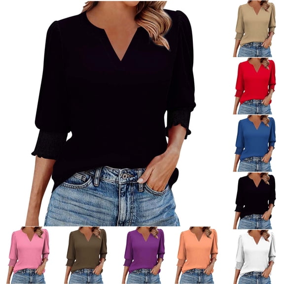 Loopsun Womens Fall Tops, 3/4 Sleeve T Shirts for Women, Womens Casual Solid 3/4 Sleeve Pleated Cuffs V Neck Pullover Top White, M