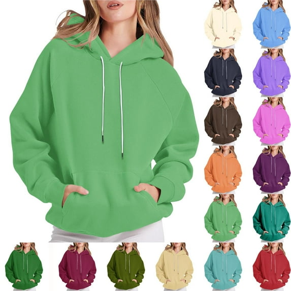 Loopsun Womens Fall Tops, Hooded Sweatshirts for Women, Women's Fashion Casual Solid Round Neck Long Sleeve Drawstring Hooded Sweatshirts Blouse Tops Khaki, S