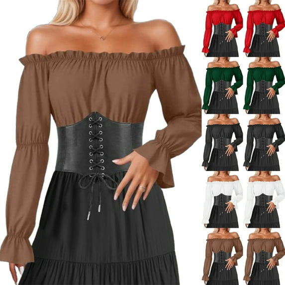 Loopsun Womens Fall Tops, Long Sleeve Cropped Shirts for Women, Women's Fashion Casual Off Shoulder Solid Long Sleeve Blouse Shirt Tops Brown, XXL