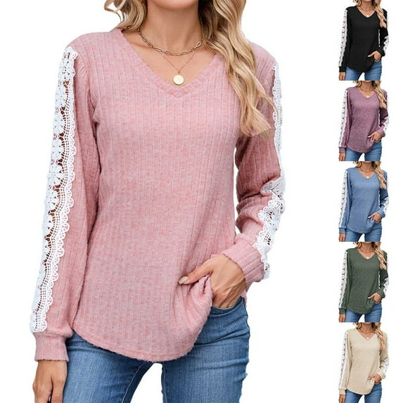 Loopsun Womens Fall Tops, Long Sleeve T Shirts for Women, Women's Casual Loose Solid V-neck Long Sleeve Lace T-shirt Top Army Green, M