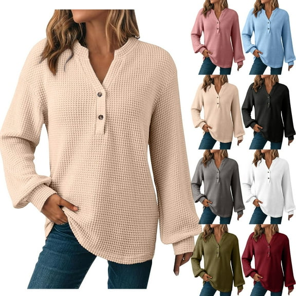 Loopsun Womens Fall Tops, Long Sleeve T Shirts for Women, Women's Fashion Casual Solid Button V-neck Hooded Drawstring Pullover Top Pink, L