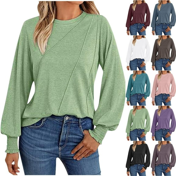 Loopsun Womens Fall Tops, Long Sleeve T Shirts for Women, Women's Fashion Casual Solid Round Neck Long Sleeve Blouses Shirts Top Wine, L