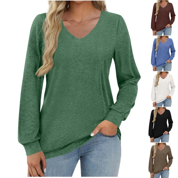 Loopsun Womens Fall Tops, Long Sleeve T Shirts for Women, Women's Fashion Comfortable Casual Loose Solid Long Sleeve V-Neck T-shirt Top Navy, S