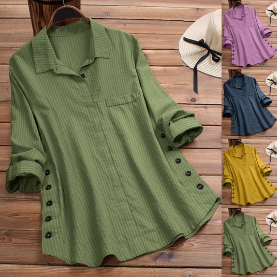 Loopsun Womens Fall Tops, Long Sleeve T Shirts for Women, Women's Fashion Casual Solid V-Neck Long Sleeve Shirt Button Top Navy, S