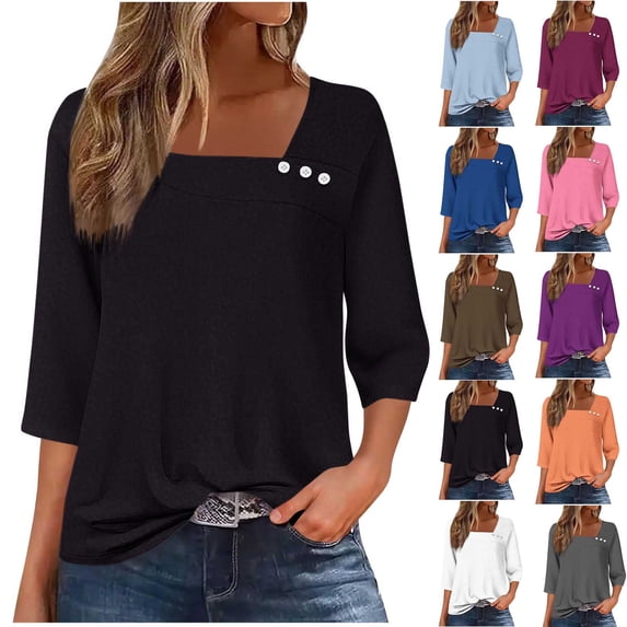Loopsun Womens Fall Tops Plus Size, 3/4 Sleeve T Shirts for Women, Women's Fashion Casual Solid 3/4 Sleeve T-shirt Button Tops Gray, M