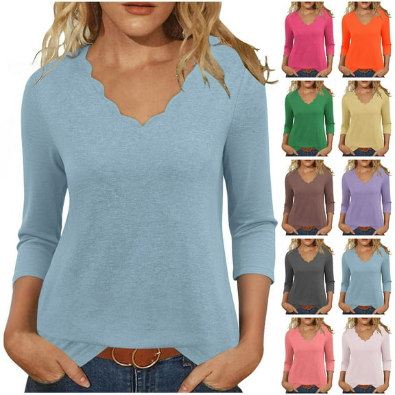 Loopsun Womens Fall Tops Plus Size, 3/4 Sleeve T Shirts for Women, Women's Fashion Casual Solid Quarter Sleeve V-neck Pullover Top Brown, M