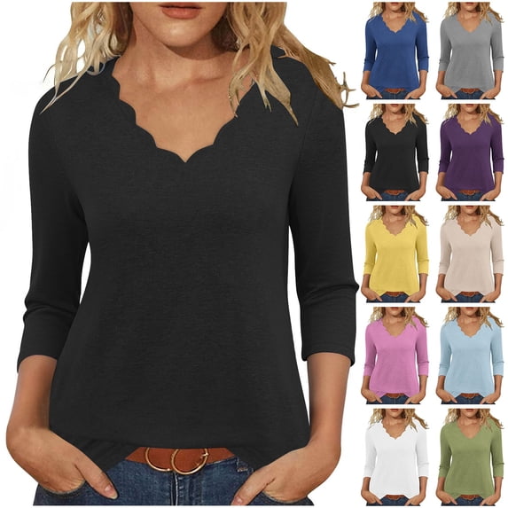 Loopsun Womens Fall Tops Plus Size, 3/4 Sleeve T Shirts for Women, Women's Fashion Casual Solid Quarter Sleeve V-neck Pullover Top Dark Blue, S