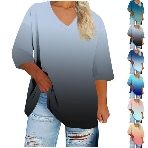 Loopsun Womens Fall Tops Plus Size, 3/4 Sleeve T Shirts for Women, Women's Fashion Loose Printed V-neck 3/4 Sleeve T-shirt Top Navy, XXL