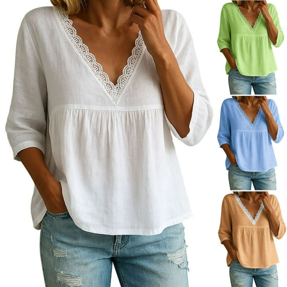 Loopsun Womens Fall Tops Plus Size, 3/4 Sleeve T Shirts for Women, Ladies' Fashion Casual Solid 3/4 Sleeve V-neck Shirt Top White, XL