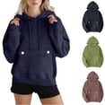 thumbnail image 1 of Loopsun Womens Fall Tops Plus Size, Hooded Sweatshirts for Women, Women Fall Winter Solid V-Neck Button Long Sleeve Hoodied Crop Pullover Blouse Tops Navy, XXXL, 1 of 5