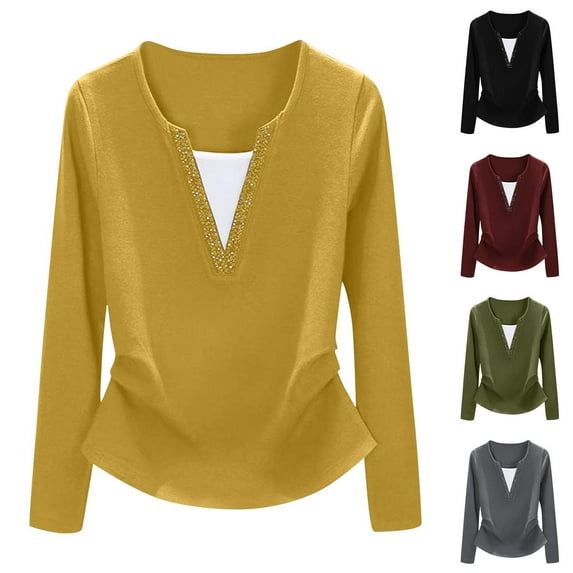 Loopsun Womens Fall Tops Plus Size, Long Sleeve T Shirts for Women, Women's Fashion Loose V-neck Solid Long Sleeve Blouses Shirts Army Green, XXL