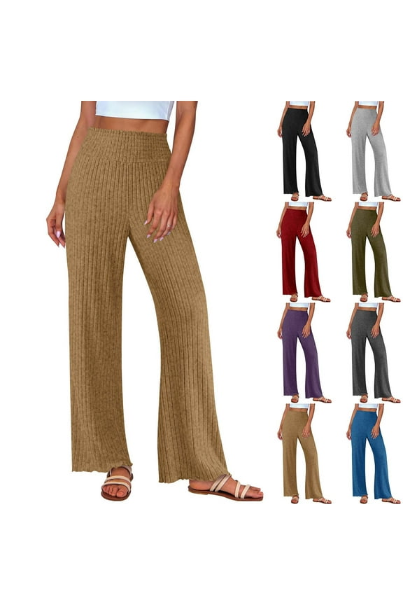 Womens Long Pants, Casual Pants for Women, Women Solid Elastic Waist Wide Leg Ribbed Knit Loose Sleep Pants Black, S