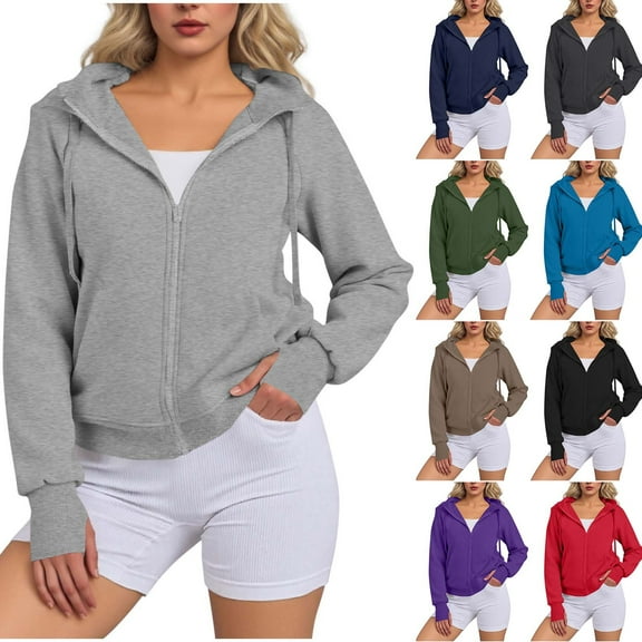 Loopsun Womens Outerwear Coats, Hooded Sweatshirts Jackets for Women, Women's Casual Solid Long Sleeve Drawstring Hooded Zipper Sweatshirt with Pockets and Thumb Hole Gray, M